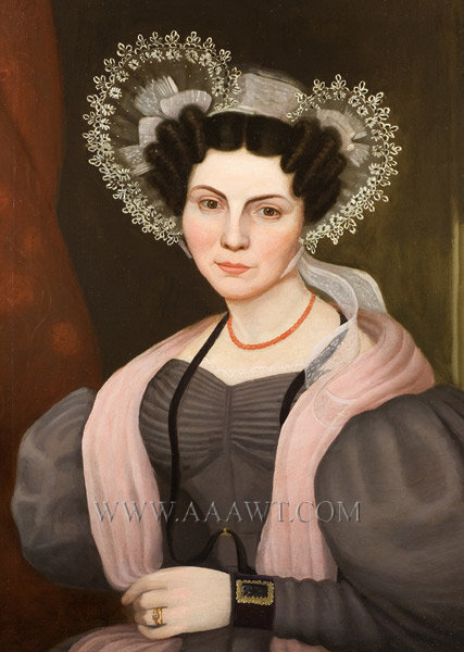Portrait, Lady in Bonnet, Puffy Sleeves, Folk Art
American School, Anonymous
Circa 1830's, entire view